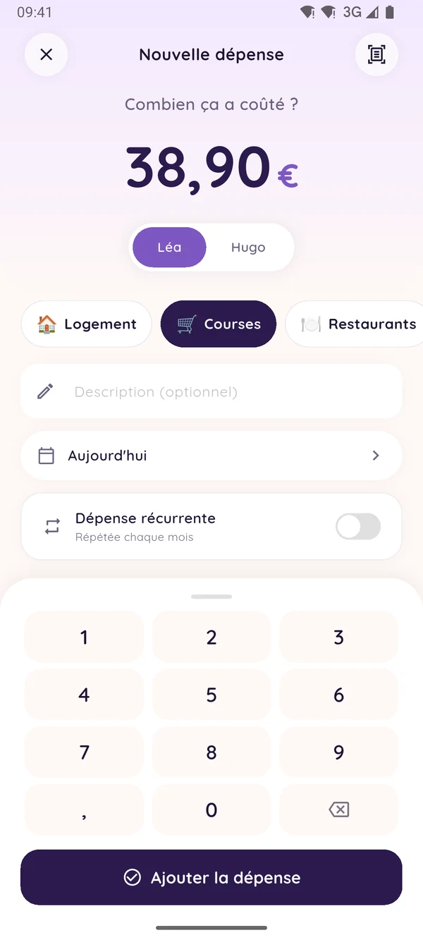 Ajout d'une dépense de 38,90 € en catégorie Courses